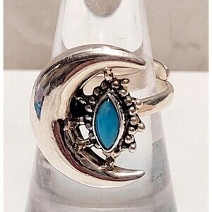 March Aquamarine Ring Crescent Moon Gemstone Sterling Silver Sz 7 Adj To Sz 10
